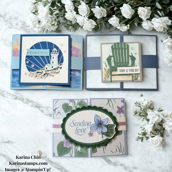 Easy Pop Out Gate Fold Card Tutorial featuring Stampin’ Up! Waterside Retreat, Sunset Coast & Violet Dreams